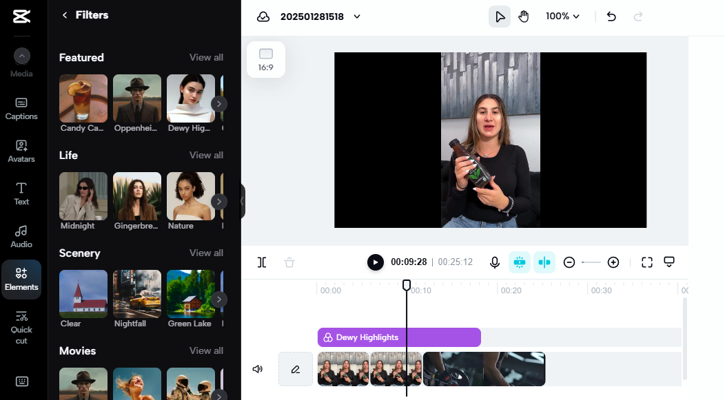 CapCut video editing interface showing how to brand a product with filters and effects, featuring a woman holding a bottle.